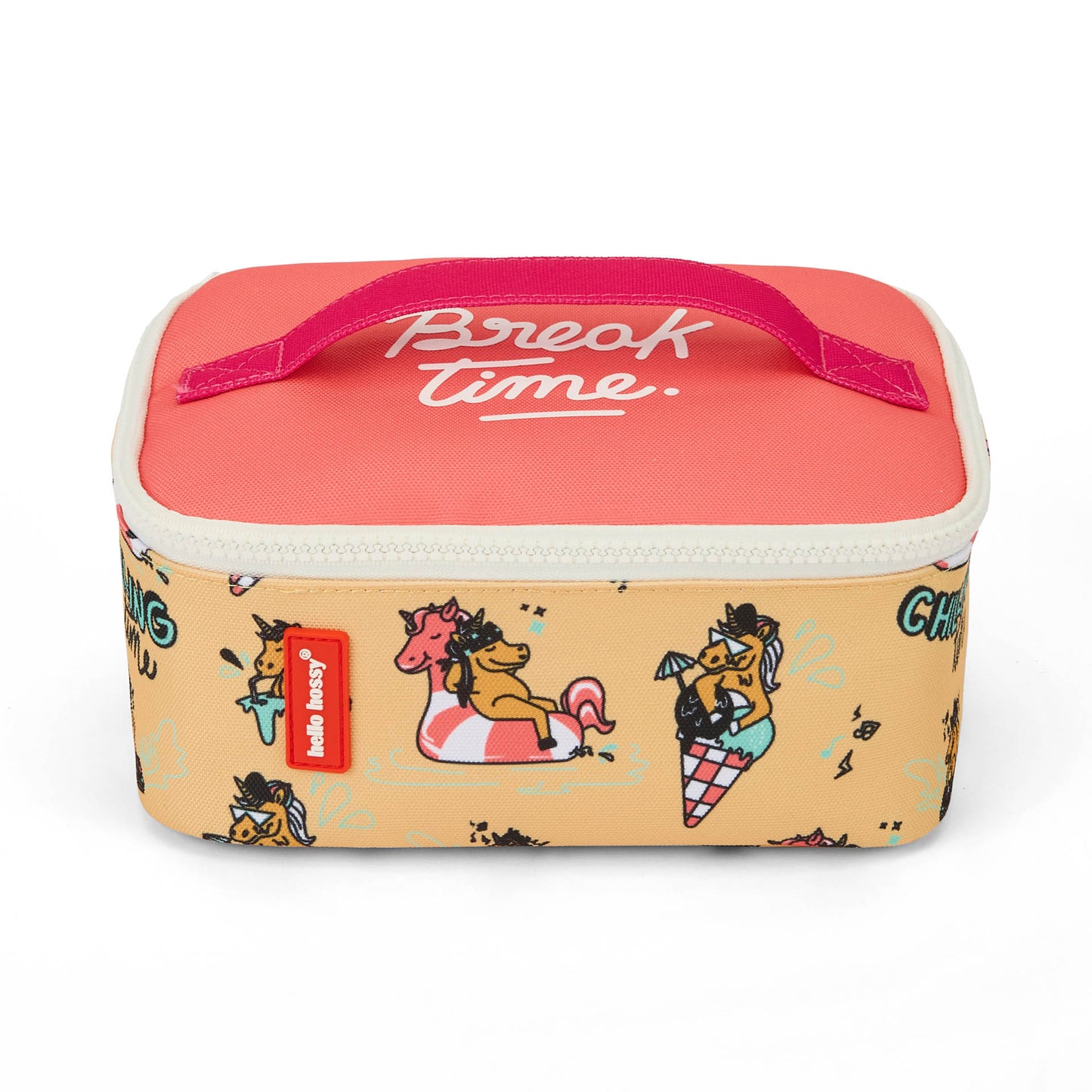 Saco de almoço infantil amarelo rosa com padrão de unicórnio e detalhes vermelhos Hello Hossy