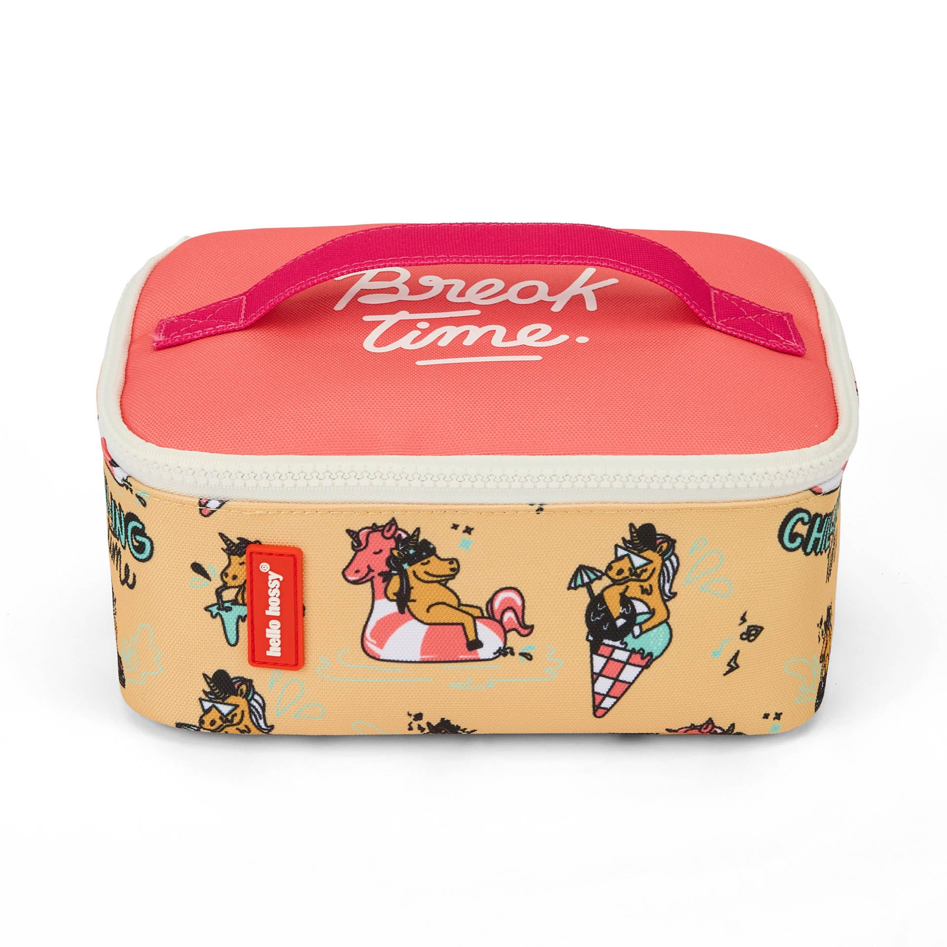 Saco de almoço infantil amarelo rosa com padrão de unicórnio e detalhes vermelhos Hello Hossy