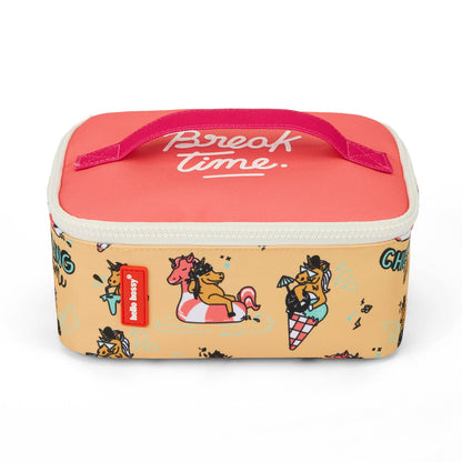 Saco de almoço infantil amarelo rosa com padrão de unicórnio e detalhes vermelhos Hello Hossy