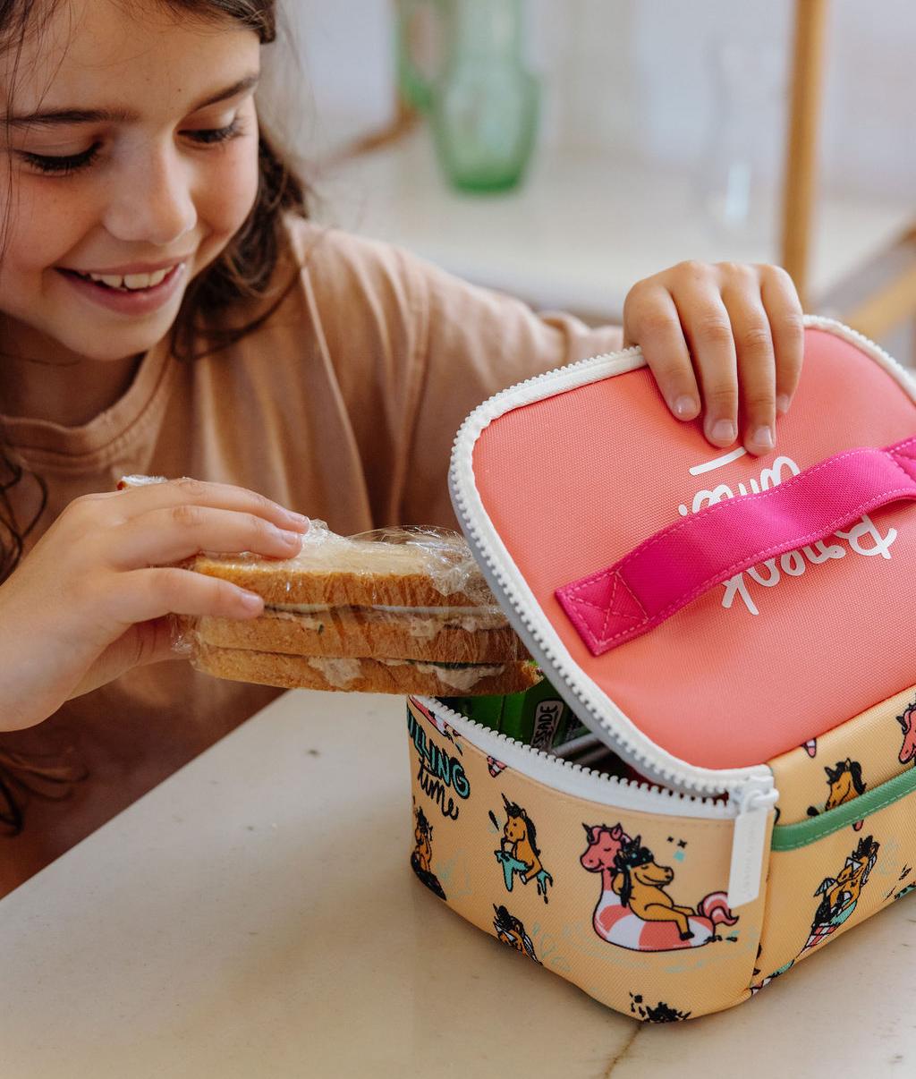 Saco de almoço infantil amarelo com motivo de unicórnio e fecho rosa Hello Hossy