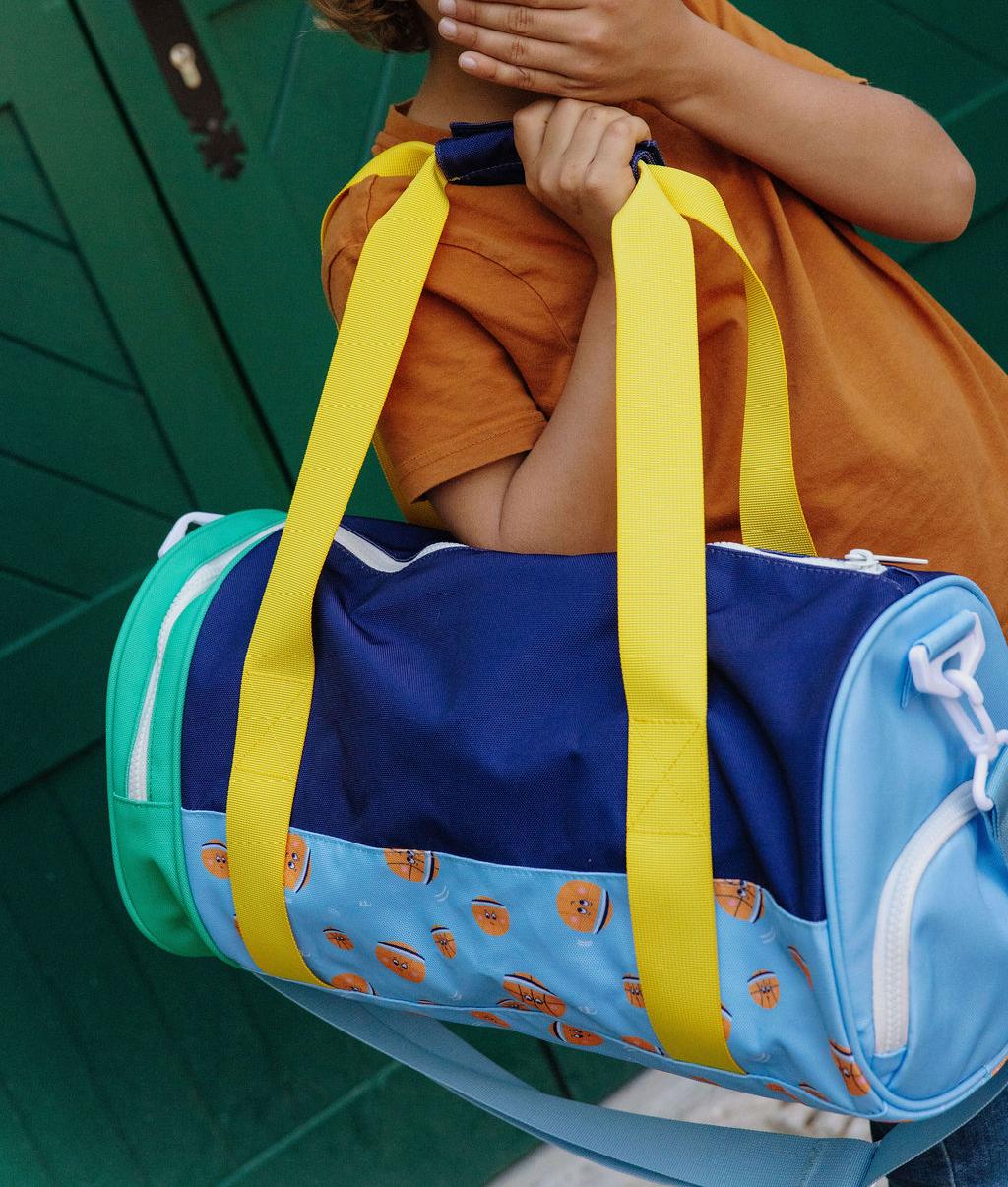 Saco de desporto para criança azul verde laranja com padrão desporto, alças amarelas Hello Hossy