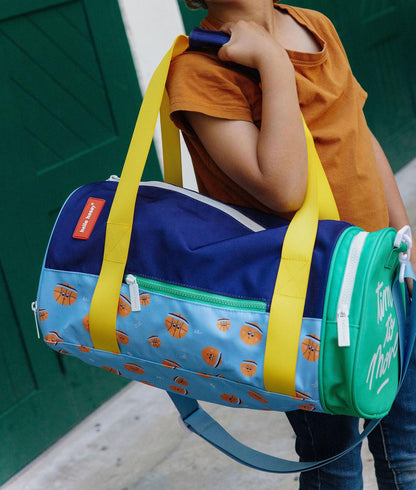 Saco de desporto infantil azul, verde e laranja, padrão de desporto, pega amarela Hello Hossy