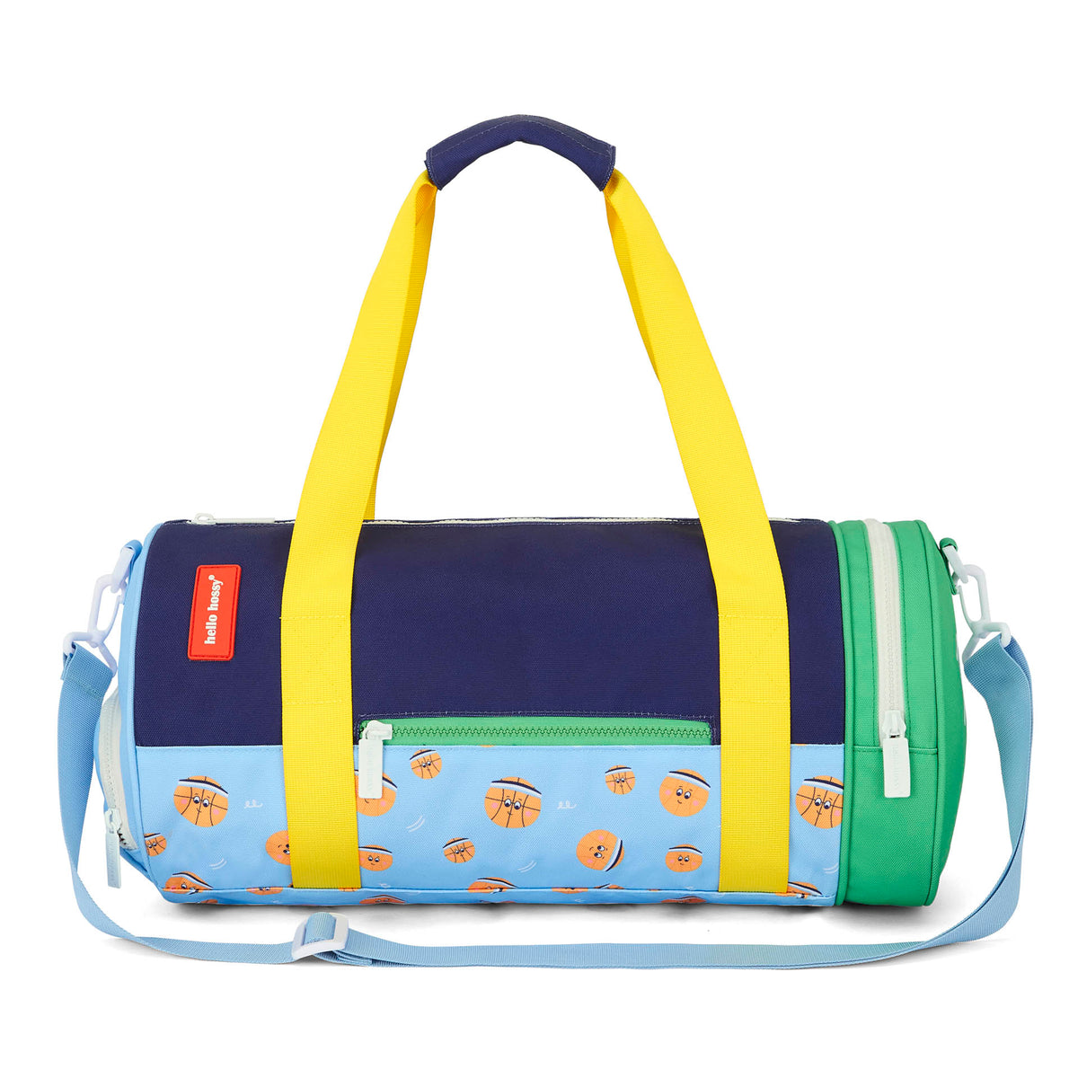 Saco de desporto para criança azul verde laranja com padrão desporto, alças amarelas Hello Hossy