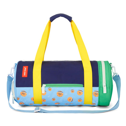 Saco de desporto para criança azul verde laranja com padrão desporto, alças amarelas Hello Hossy