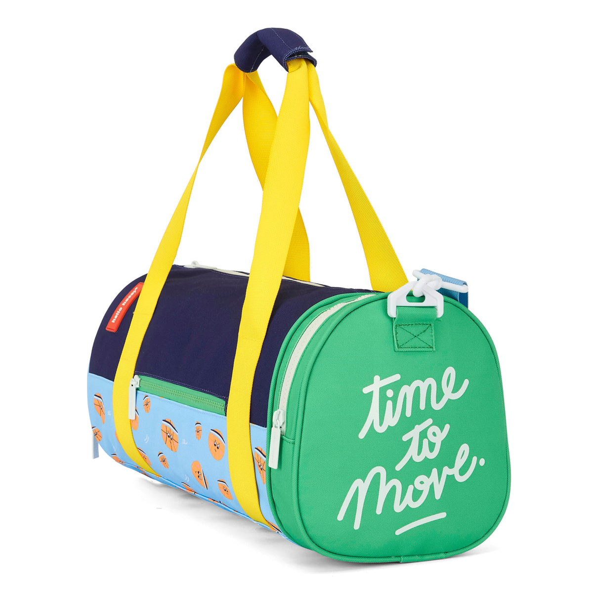 Saco de desporto infantil azul, verde e laranja com padrão de desporto e pega amarela, Hello Hossy