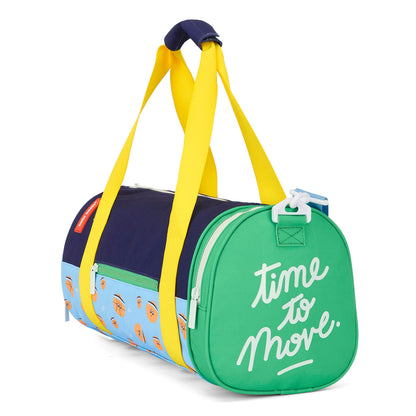 Saco de desporto infantil azul, verde e laranja com padrão de desporto e pega amarela, Hello Hossy