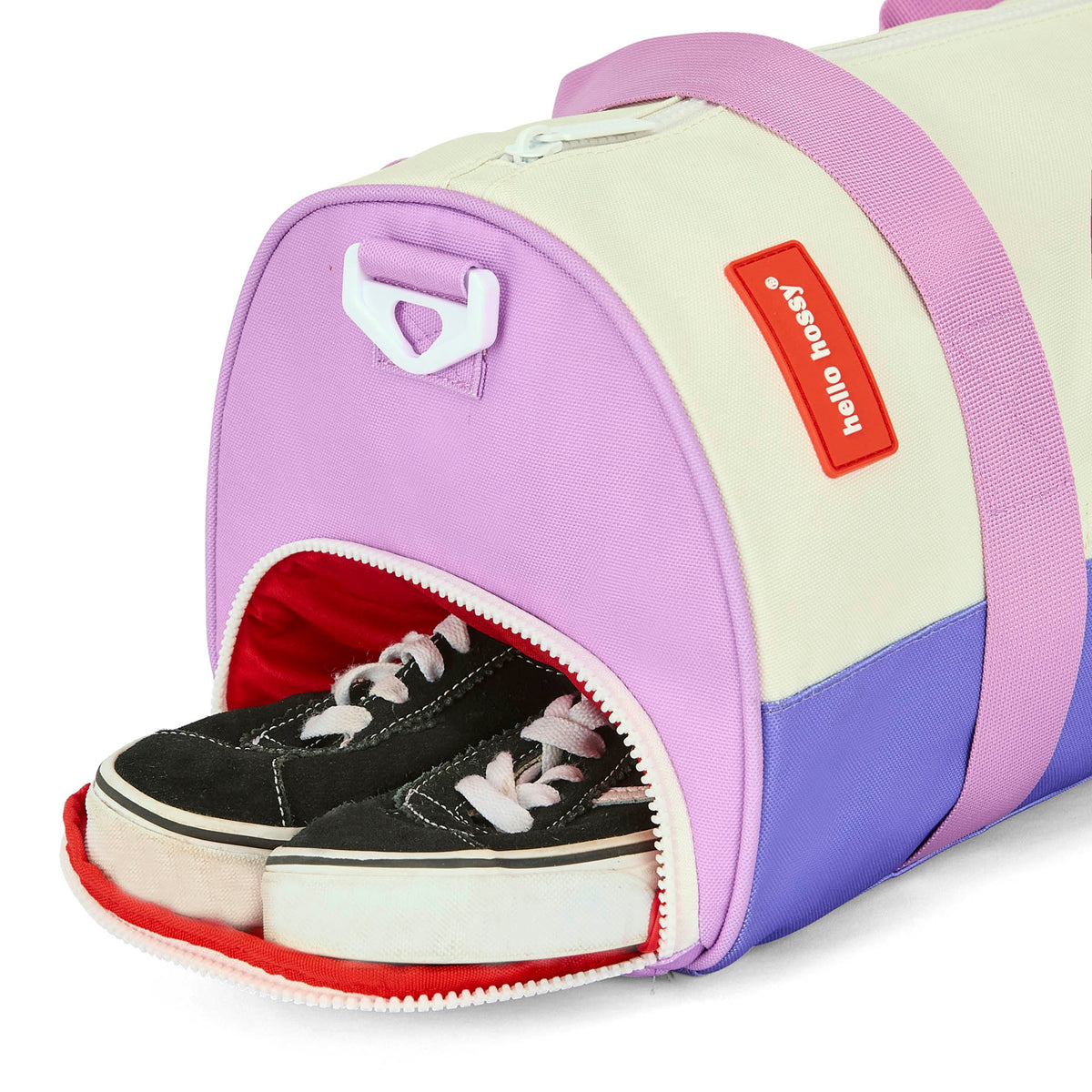 Saco de desporto infantil bege, violeta e Camel, abertura na extremidade Hello Hossy