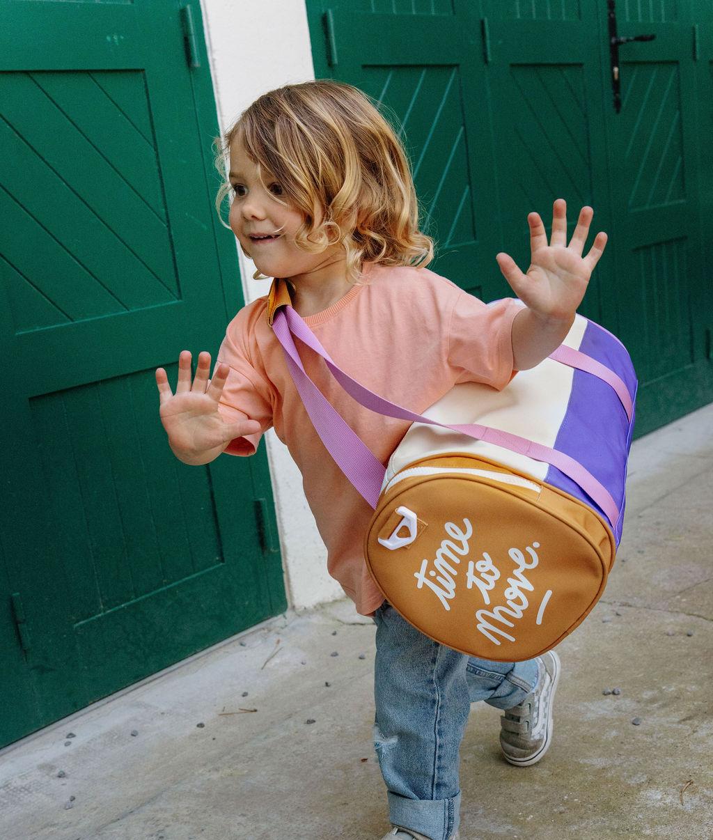 Saco de desporto infantil bege, violeta e Camel com mensagem branca Hello Hossy