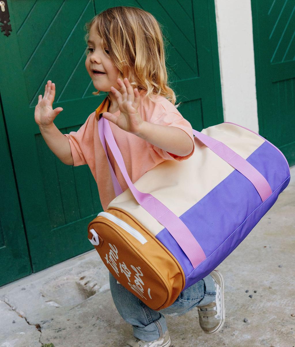 Saco de desporto infantil bege, violeta e Camel, com detalhes rosa Hello Hossy