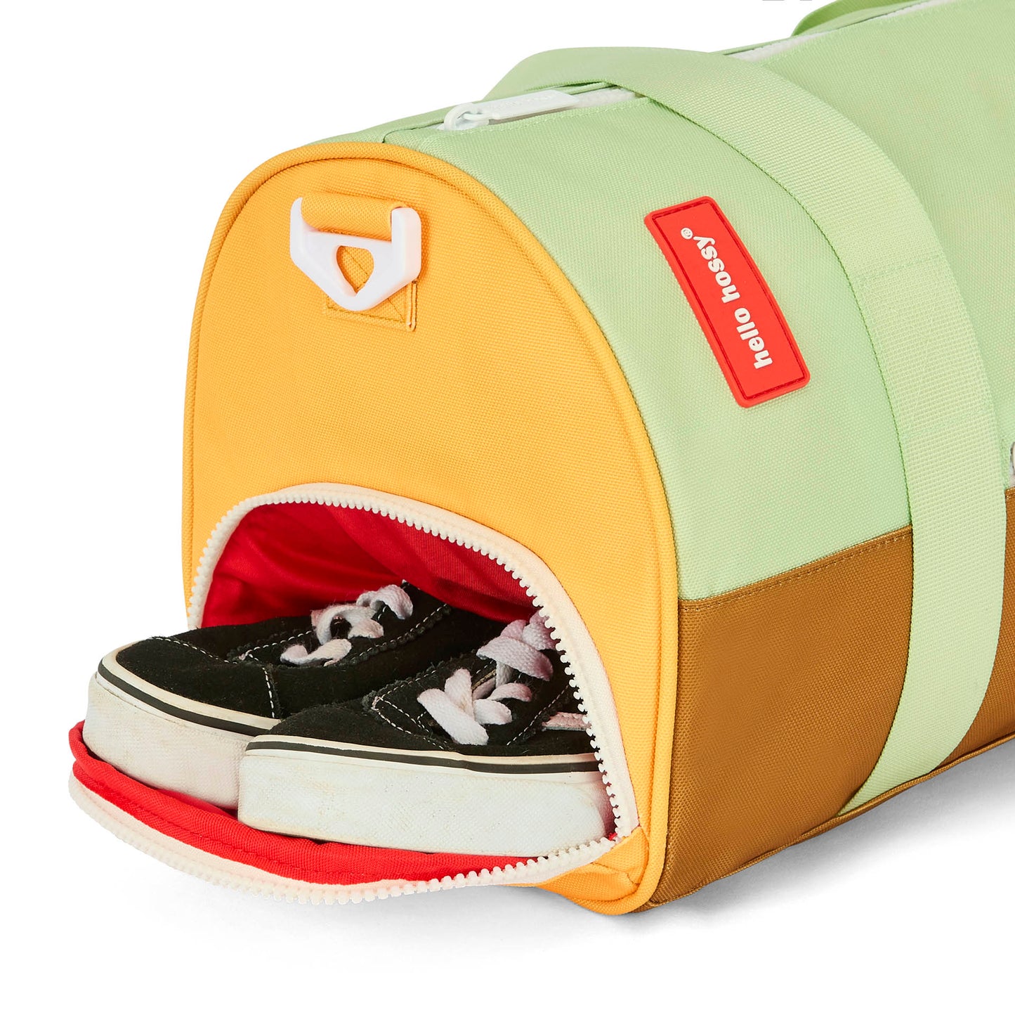 Saco de desporto infantil verde, castanho e azul com compartimento para sapatos Hello Hossy