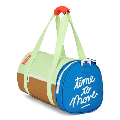 Saco de desporto para criança verde, castanho e azul, inscrição branca Hello Hossy