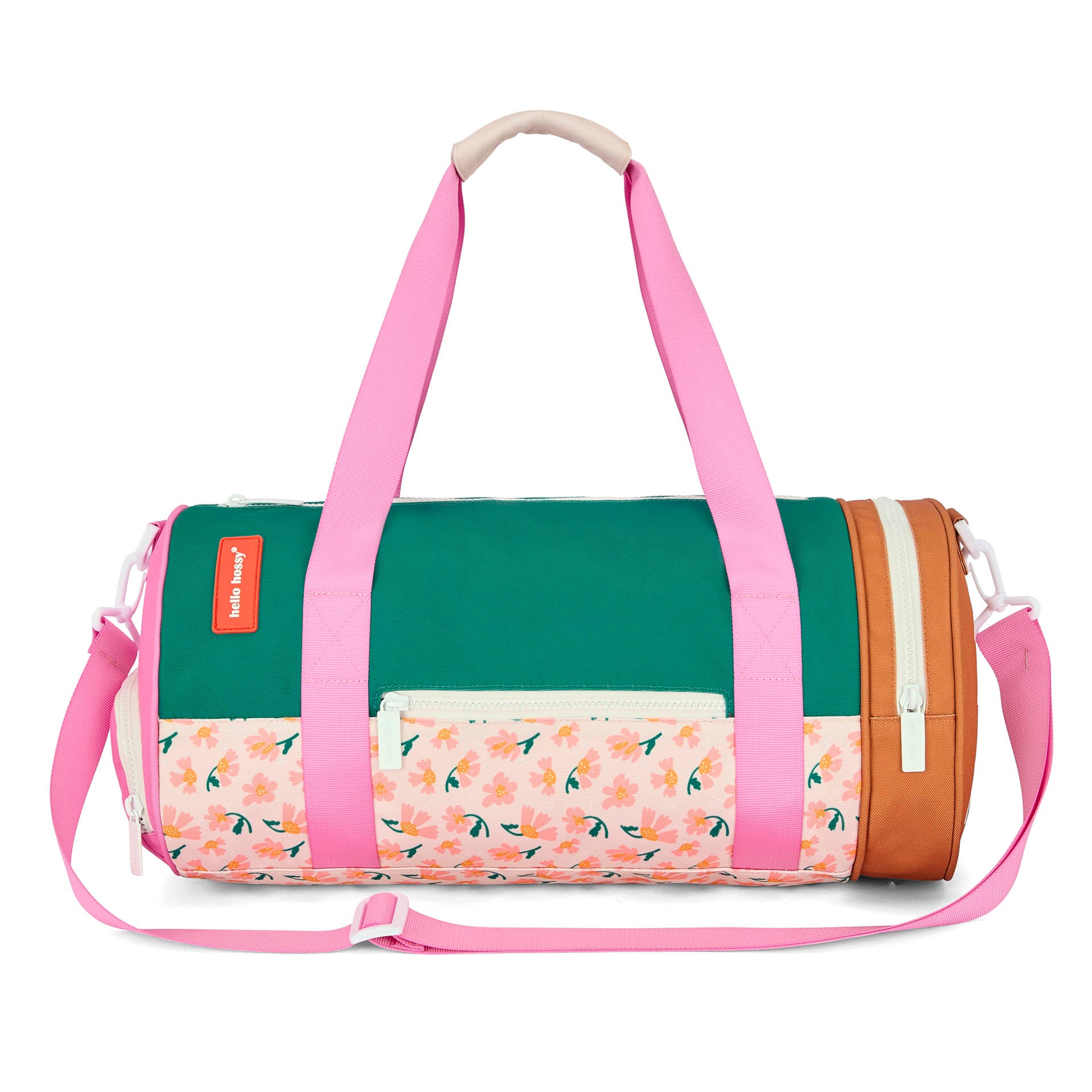Saco de desporto infantil verde, rosa e castanho com padrão de flores Hello Hossy
