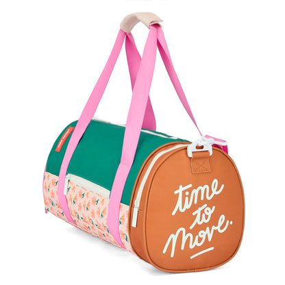 Saco de desporto infantil verde, rosa e castanho com padrão de flores e inscrição branca Hello Hossy