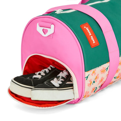 Saco de desporto infantil verde rosa com padrão de flores e compartimento para sapatos Hello Hossy