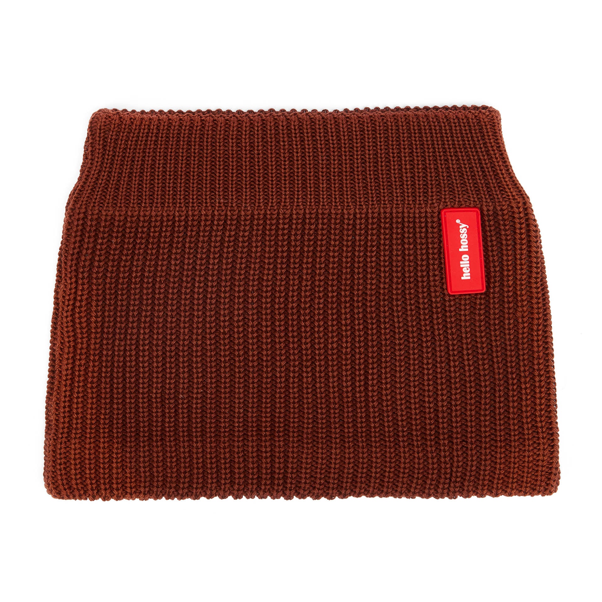 Snood infantil castanho em malha canelada, etiqueta vermelha Hello Hossy