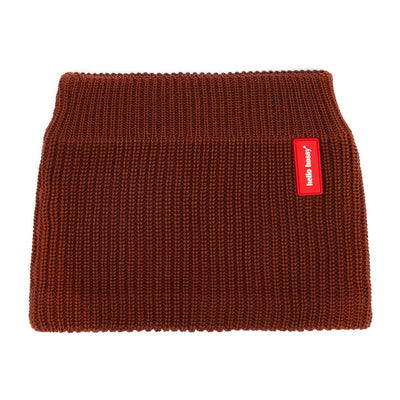 Snood infantil castanho em malha canelada, etiqueta vermelha Hello Hossy