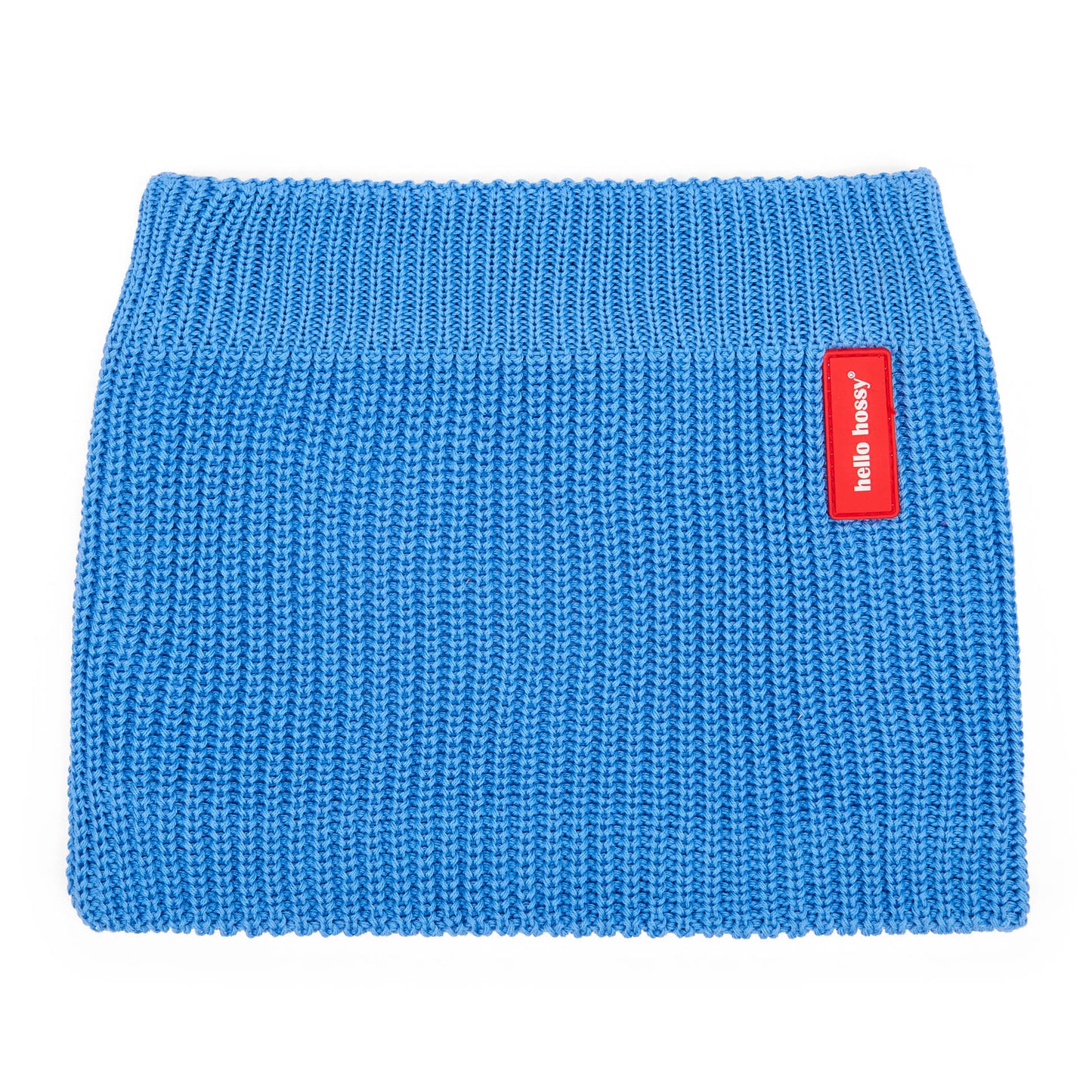 Snood infantil de malha azul com etiqueta vermelha Hello Hossy
