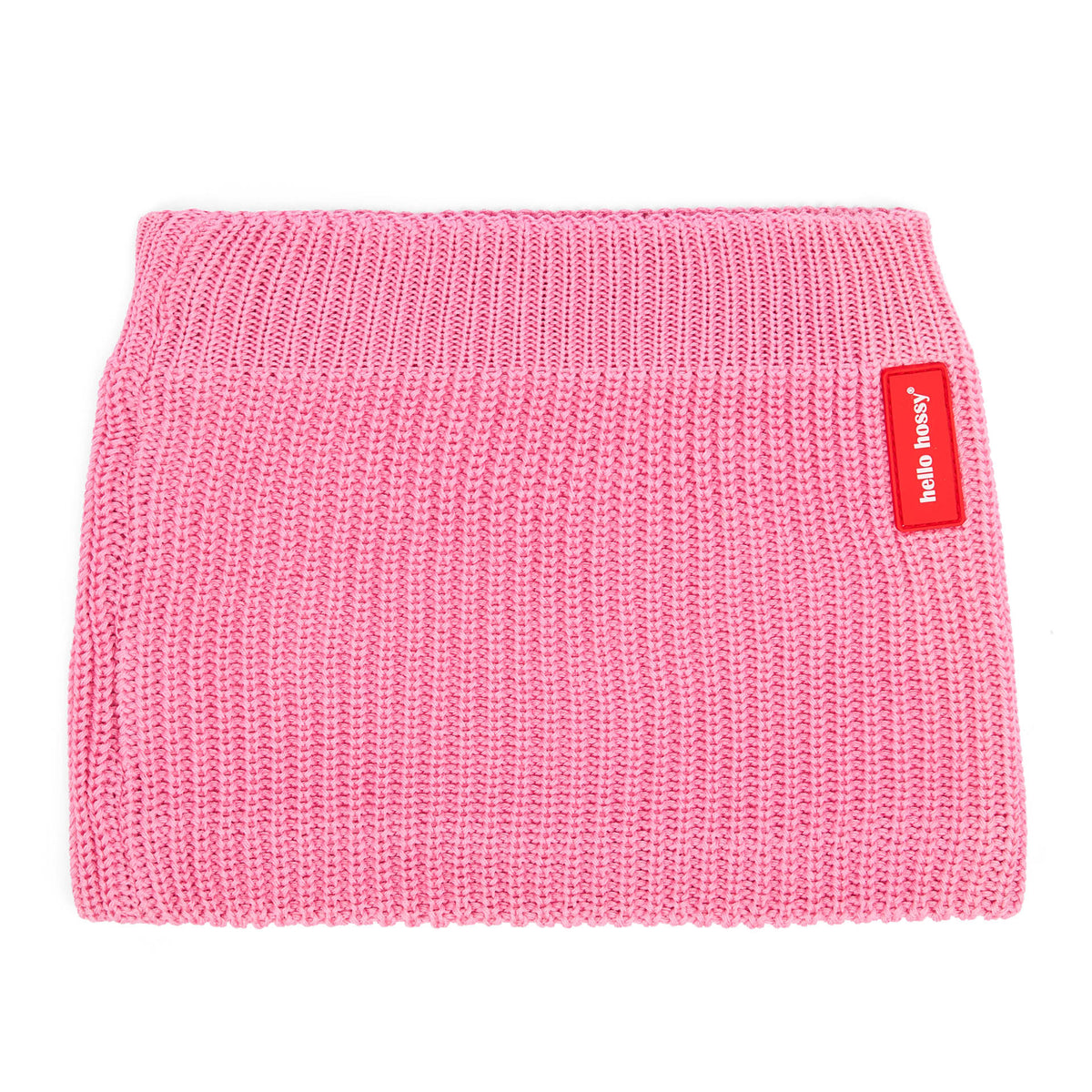 Snood infantil rosa em malha canelada com etiqueta vermelha Hello Hossy
