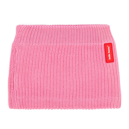 Snood infantil rosa em malha canelada com etiqueta vermelha Hello Hossy