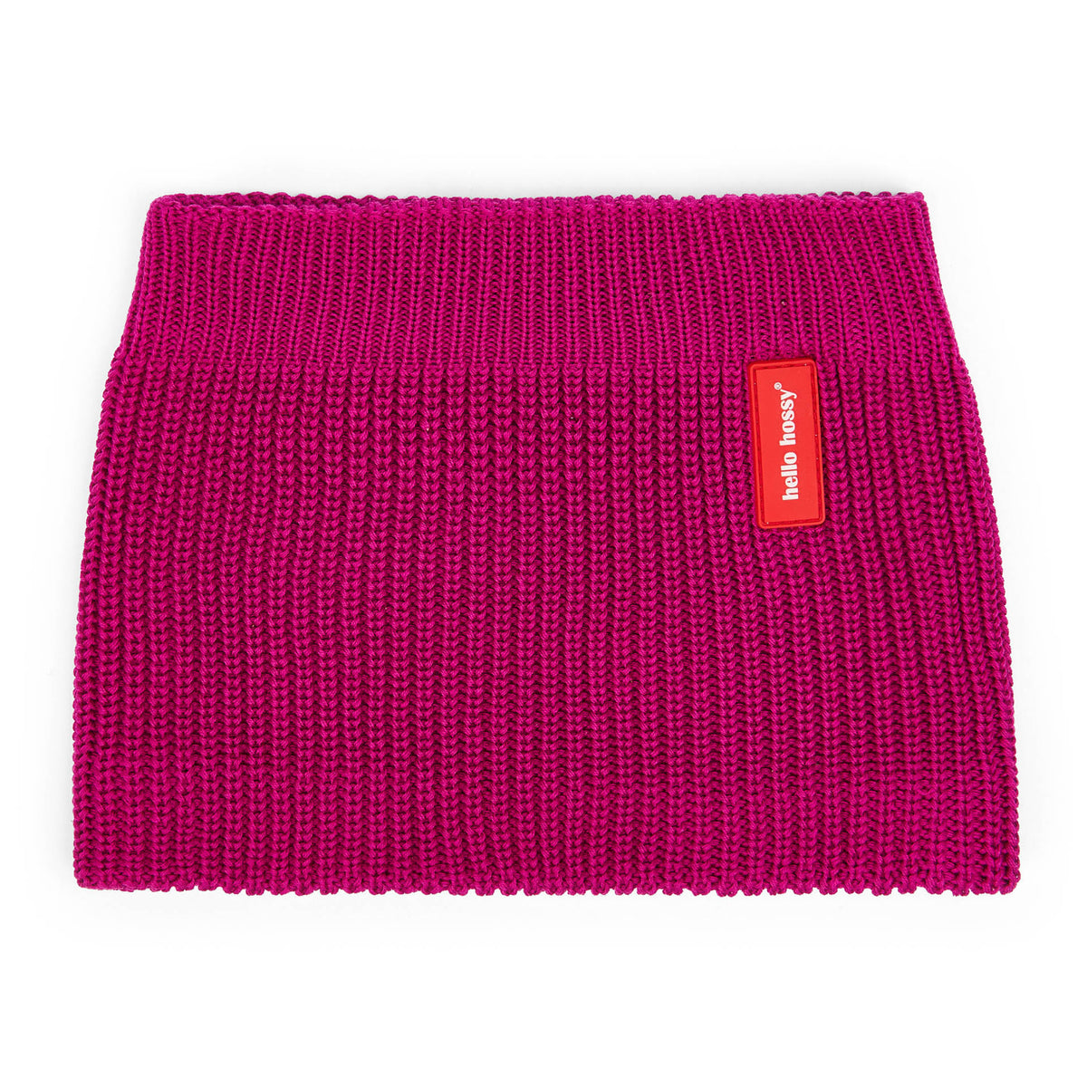 Snood infantil violeta em malha canelada grossa, etiqueta vermelha Hello Hossy