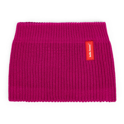 Snood infantil violeta em malha canelada grossa, etiqueta vermelha Hello Hossy