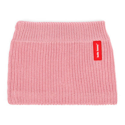 Snood infantil rosa em malha canelada com etiqueta vermelha Hello Hossy