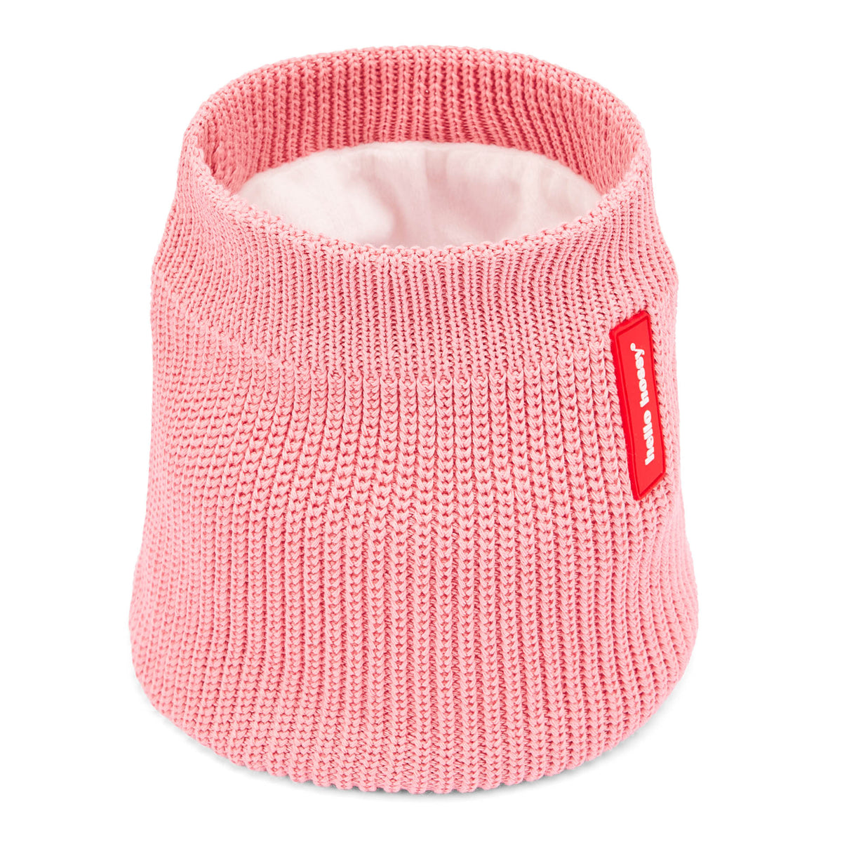 Snood infantil rosa de malha, forro polar e etiqueta vermelha Hello Hossy