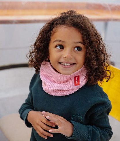 Snood infantil rosa de malha, etiqueta vermelha Hello Hossy