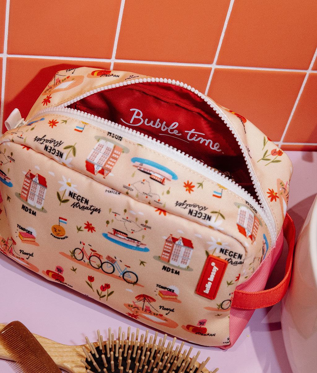 Nécessaire infantil rosa com padrão de viagem e bicicleta, fecho de correr Hello Hossy