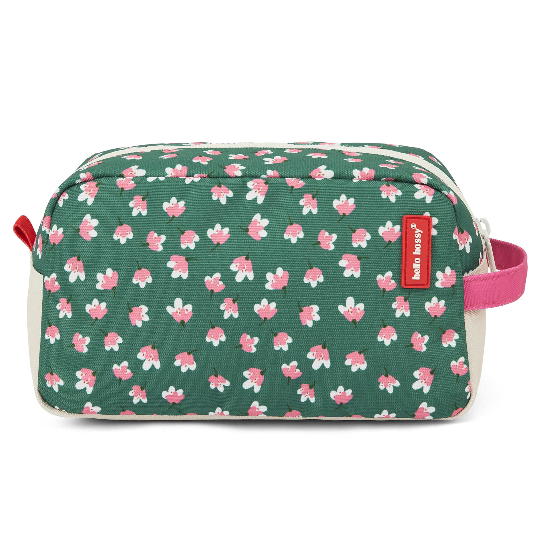 Nécessaire infantil verde com padrão de flores e pega rosa Hello Hossy