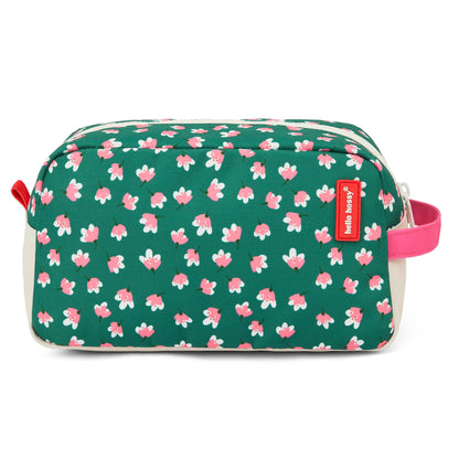 Nécessaire infantil verde com padrão de flores e pega rosa Hello Hossy