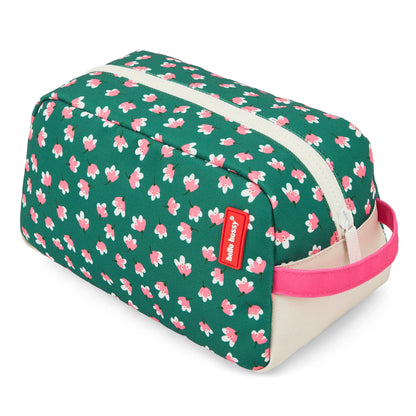 Nécessaire infantil verde com padrão de flores e pega rosa Hello Hossy
