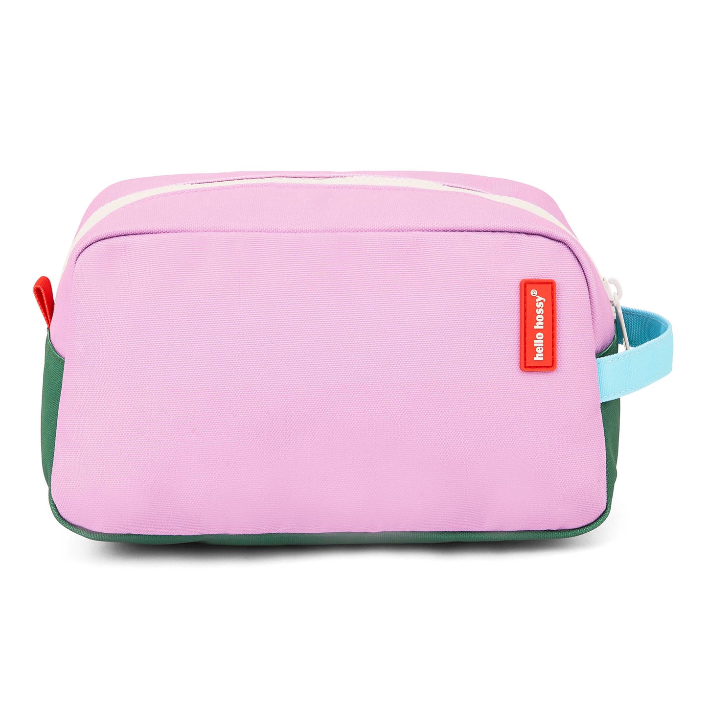 Nécessaire infantil rosa e verde com pega azul e etiqueta vermelha Hello Hossy