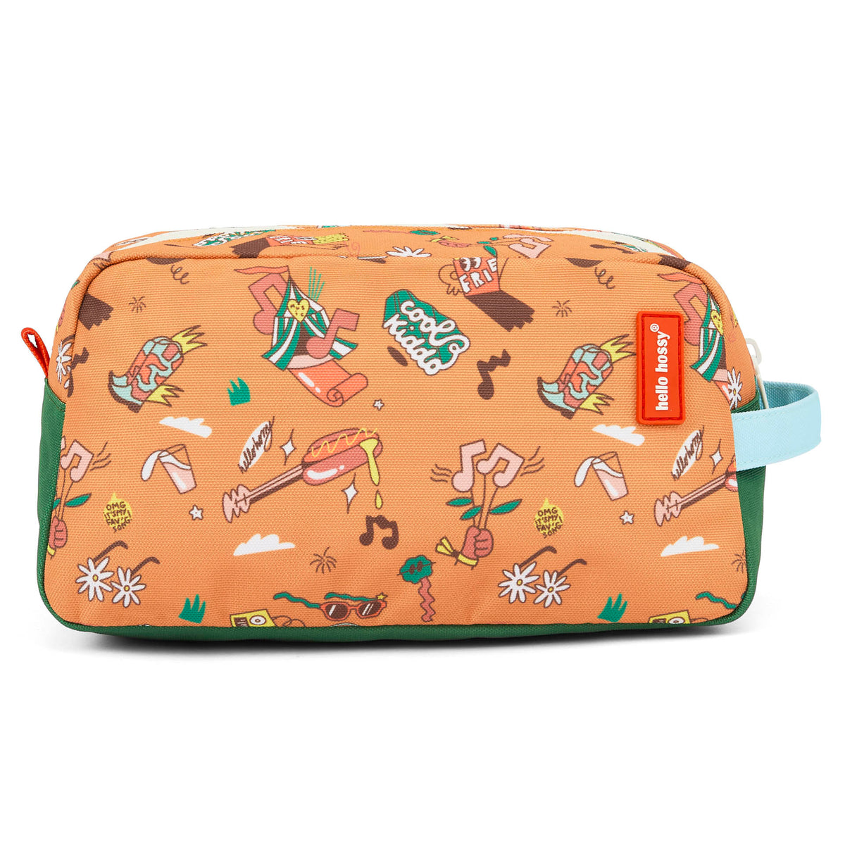 Nécessaire infantil castanho com padrão de música e pega azul Hello Hossy