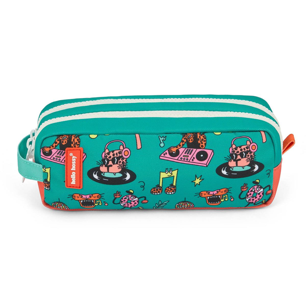 Estojo escolar para criança verde e coral com motivo de animais Hello Hossy
