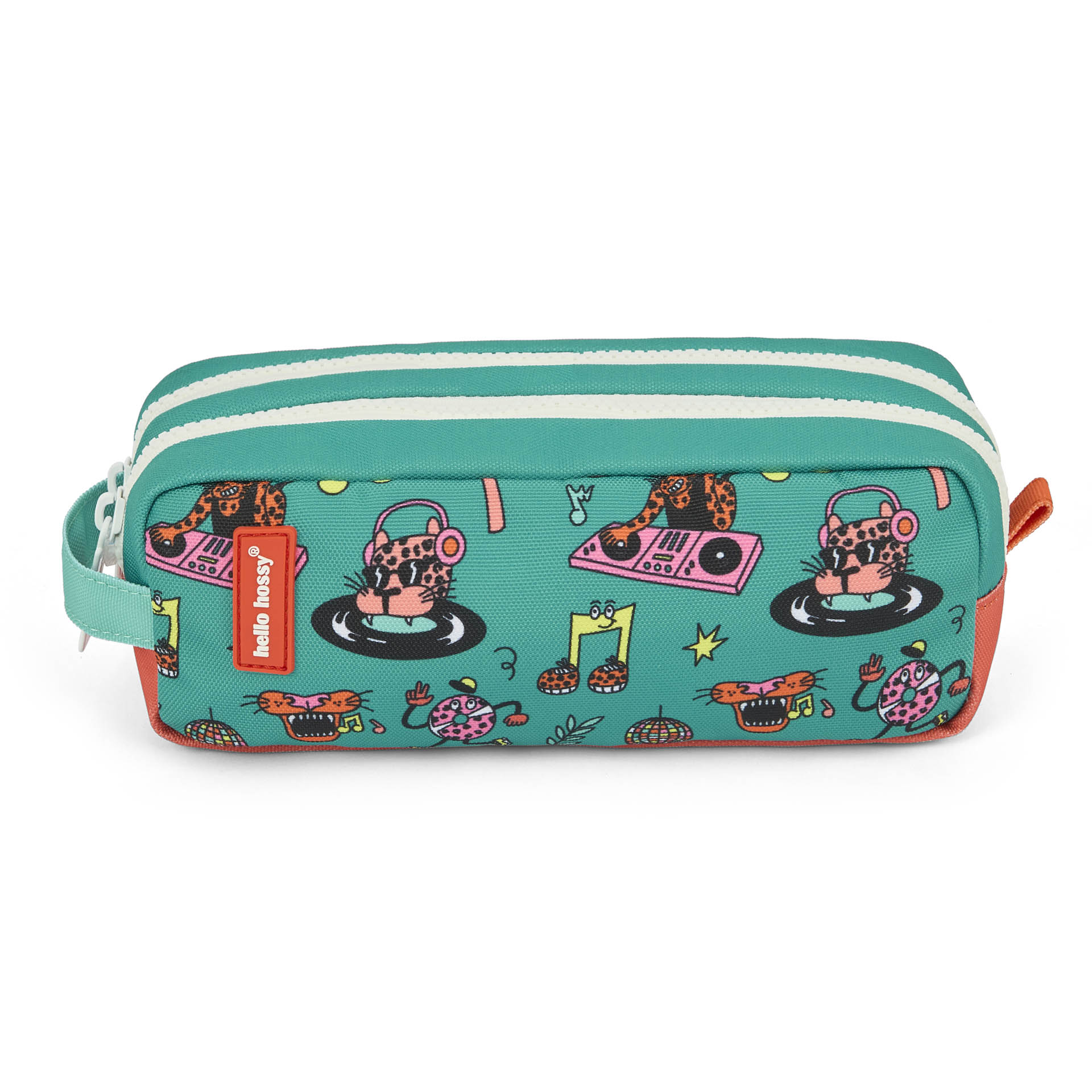 Estojo escolar para criança verde e coral com motivo de animais Hello Hossy