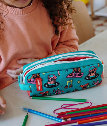Estojo escolar infantil verde e coral com estampado de animais Hello Hossy