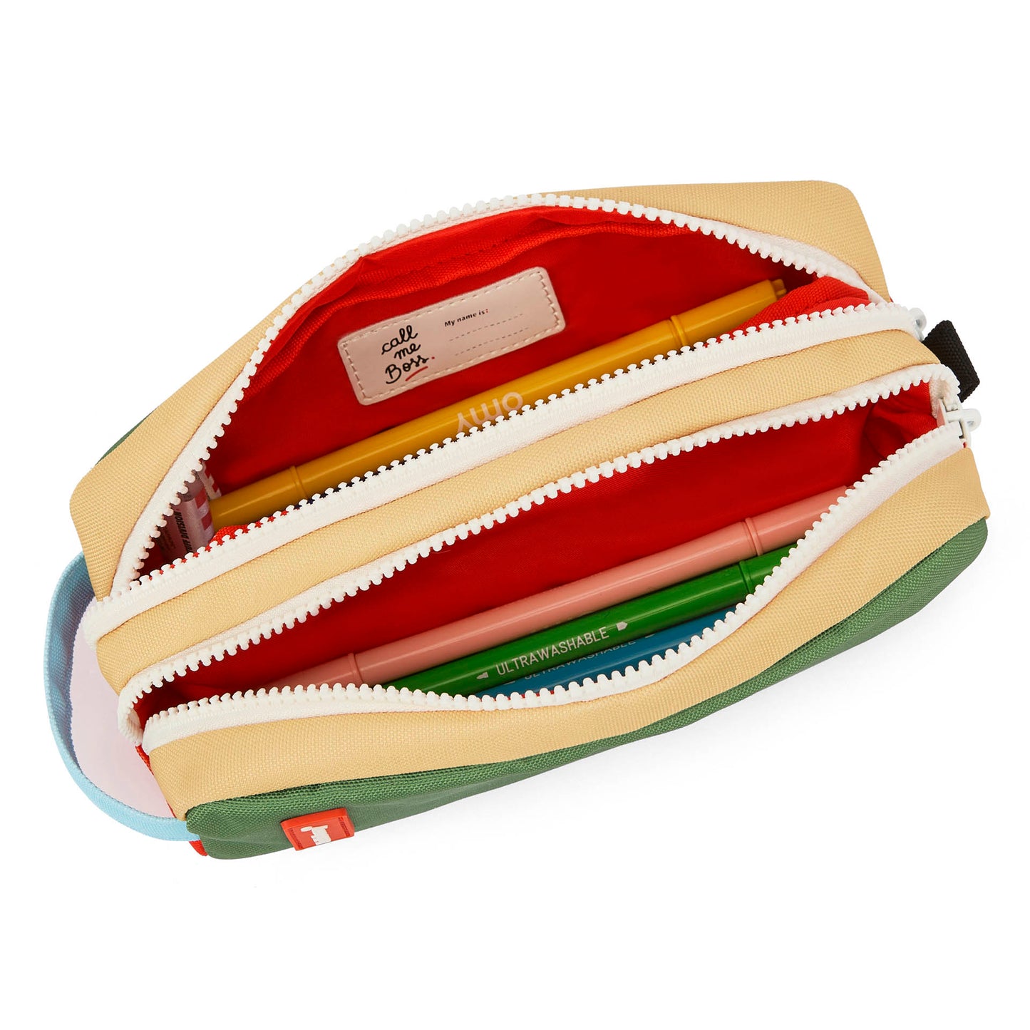 Estojo escolar infantil verde com vários bolsos, forro vermelho Hello Hossy