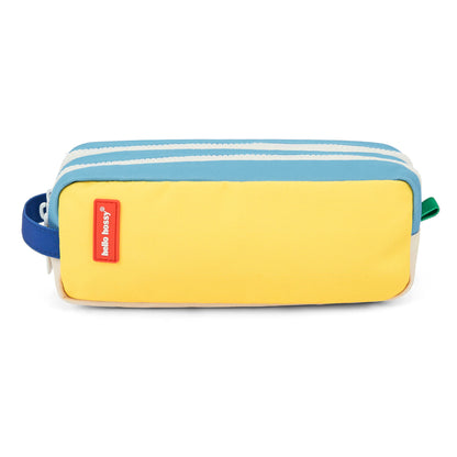 Estojo escolar infantil azul e amarelo com compartimento duplo Hello Hossy