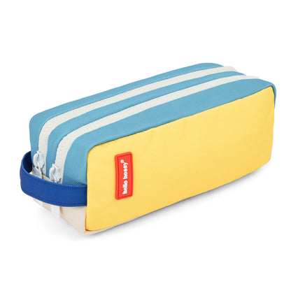 Estojo escolar infantil azul e amarelo com compartimento duplo Hello Hossy