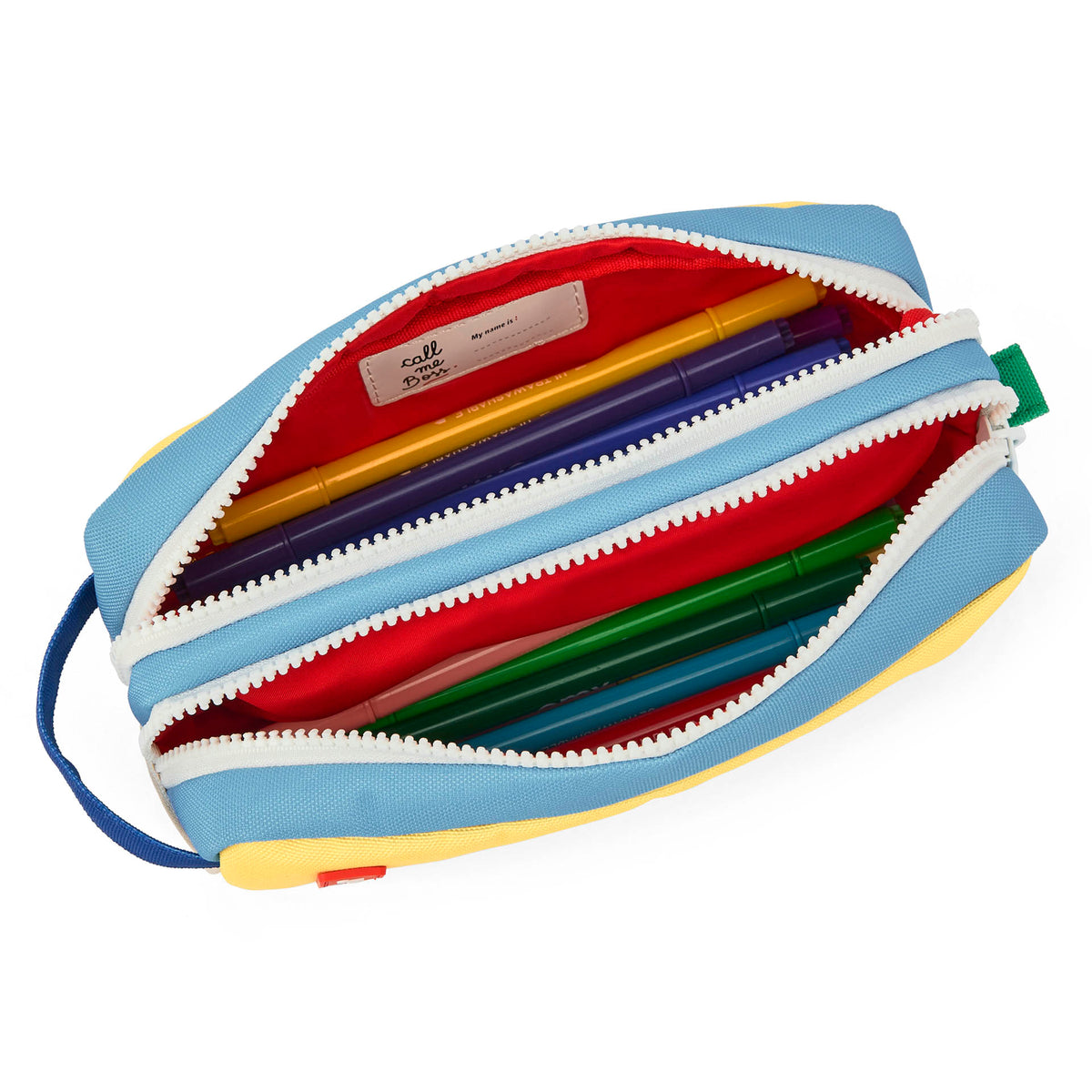 Estojo escolar infantil azul e amarelo com compartimento duplo Hello Hossy