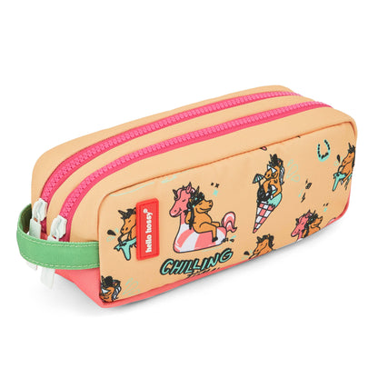 Estojo escolar infantil amarelo e rosa com motivo de unicórnio, compartimento duplo Hello Hossy