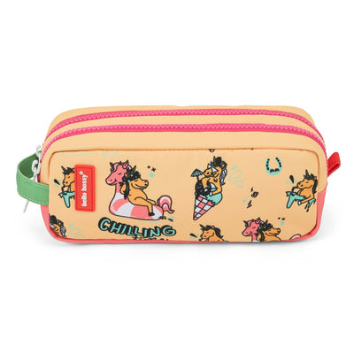 Estojo escolar infantil amarelo com estampado de unicórnio multicolorido Hello Hossy