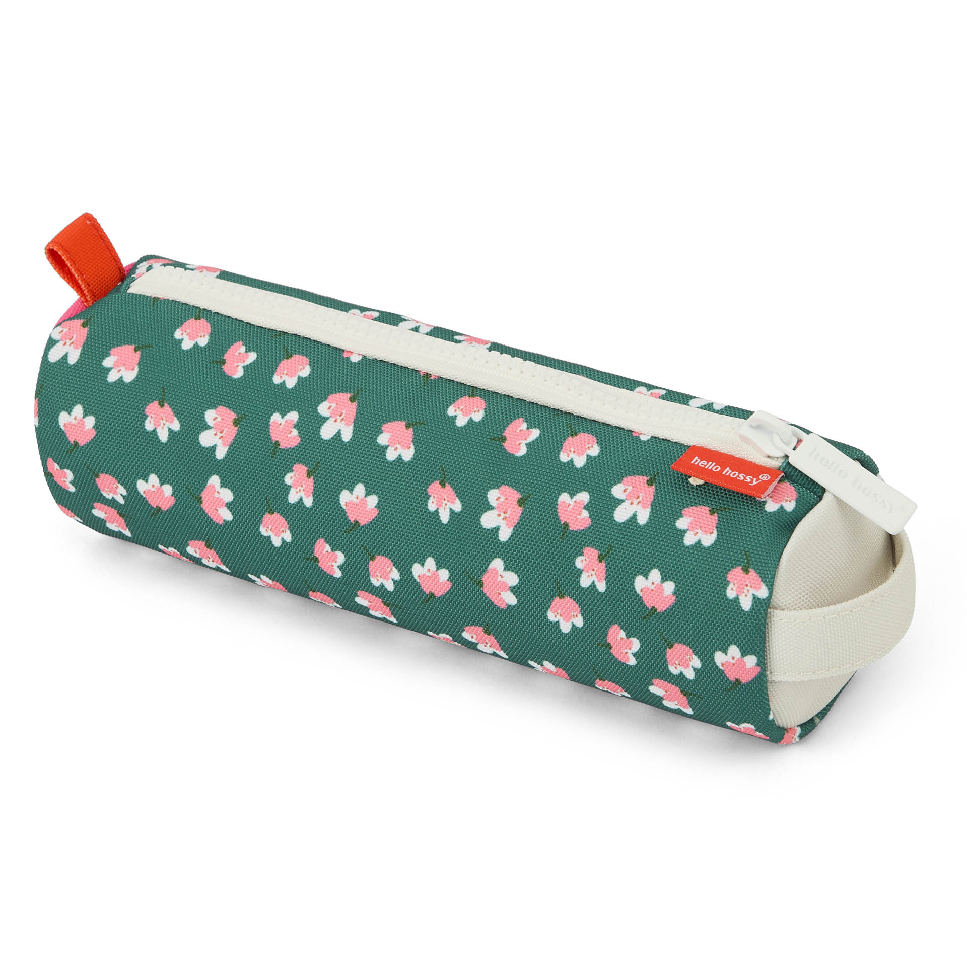 Estojo escolar infantil verde com estampado de flores rosa, fecho de correr Hello Hossy