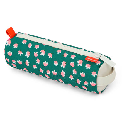 Estojo escolar infantil verde com estampado de flores rosa, fecho de correr Hello Hossy