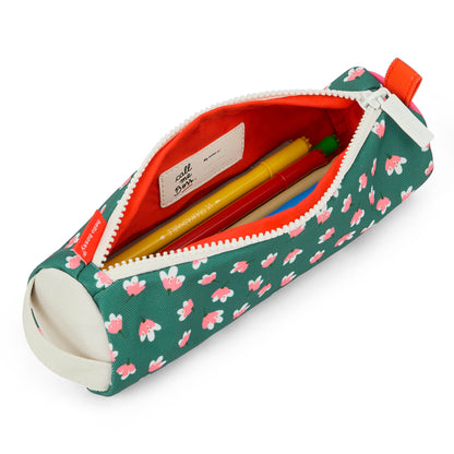 Estojo escolar infantil verde com estampado de flores e interior laranja Hello Hossy