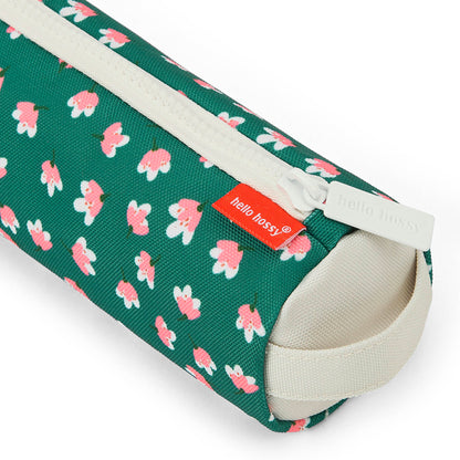 Estojo escolar verde para criança, padrão de flores rosa, fecho creme Hello Hossy