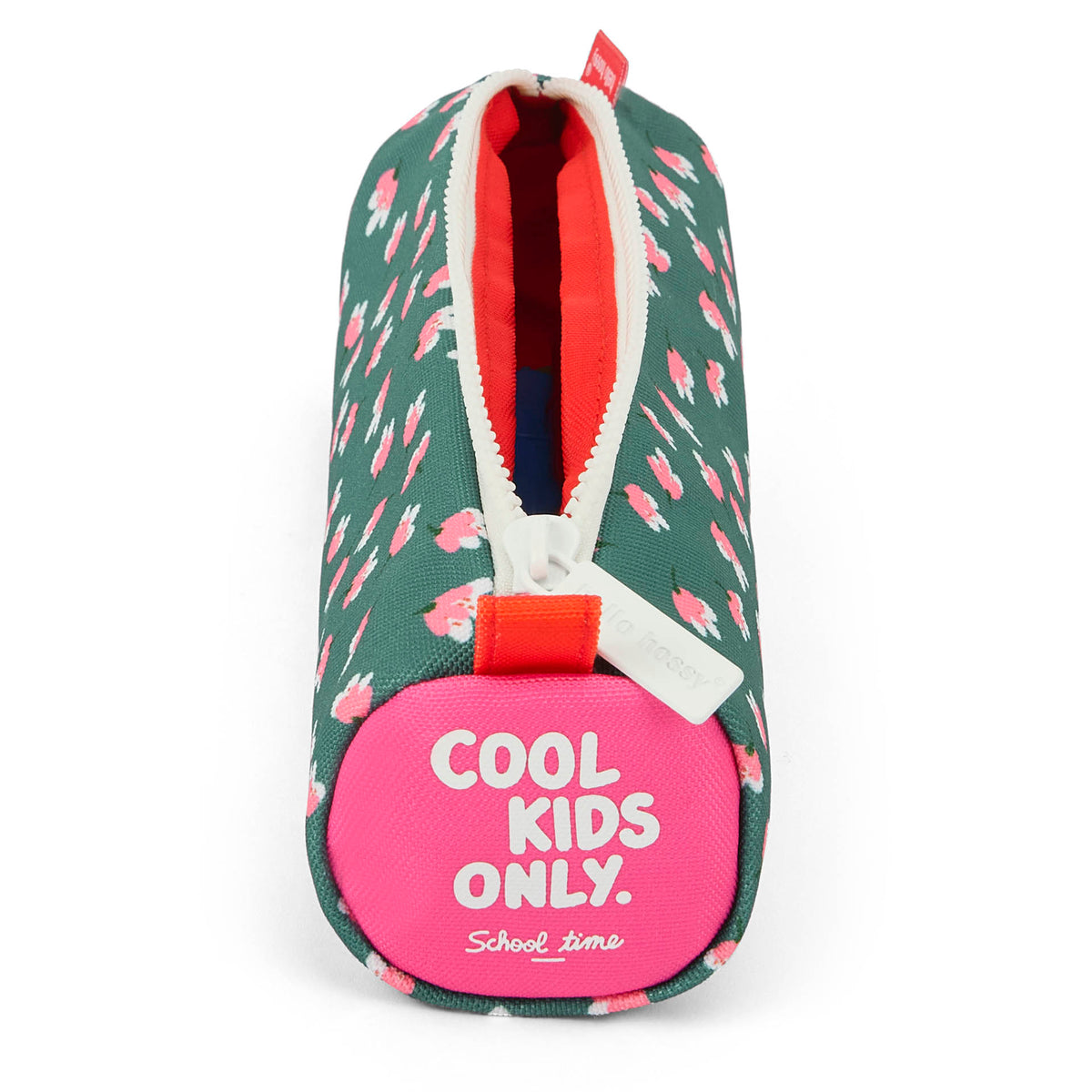 Estojo escolar infantil verde com estampado de flores rosa e abertura com fecho Hello Hossy