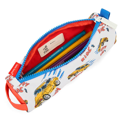 Estojo escolar infantil branco com estampado de carros e interior laranja Hello Hossy