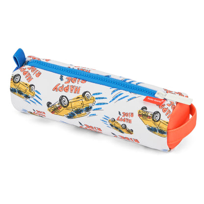Estojo escolar infantil branco com padrão de carros e fecho azul Hello Hossy